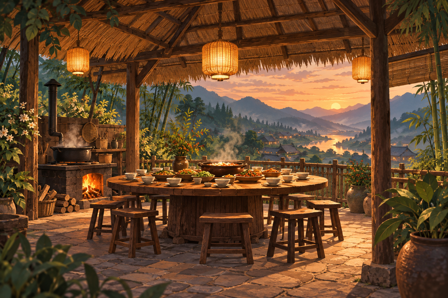茅草屋下的圆桌聚餐氛围插画
